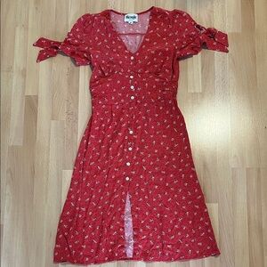 Rouje Red Floral Button-Down Midi Dress with Tie Sleeves